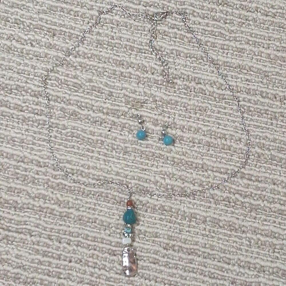 Boho Turquoise Stone Beaded Silver Tone Chain Pendant Necklace Dangle...